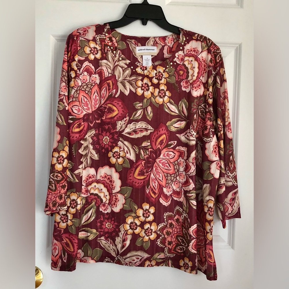 ALFRED DUNNER FLORAL TOPS MULBERRY STREET PLUS SIZE 3X RHINESTONES CREW NECK - Picture 1 of 11